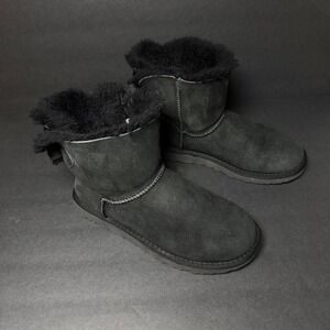 UGG Gita Bow Mini Boots Black‎ Suede Sheepskin 1012808 Womens 8